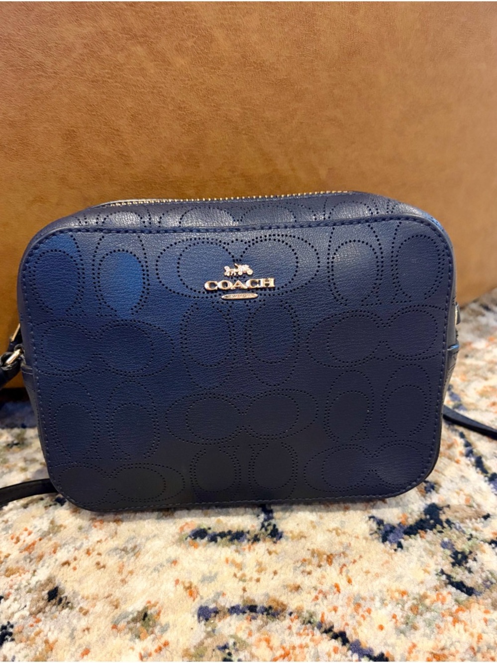 Coach Mini Camera Bag Navy Signature Perforated Leather Crossbody - Picture 1 of 8
